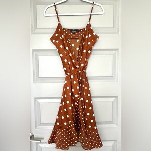 Lulus Rust Brown White Polka Dot Wrap Midi Dress Medium